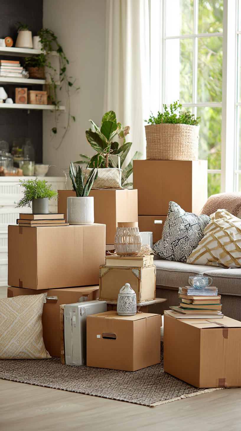 Dobozolt bútorok és növények költöztetéshez előkészítve